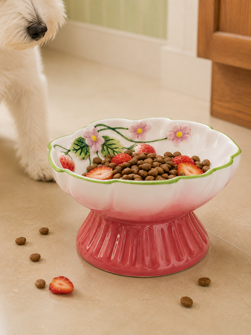 wild strawberry tall ceramic pet bowl